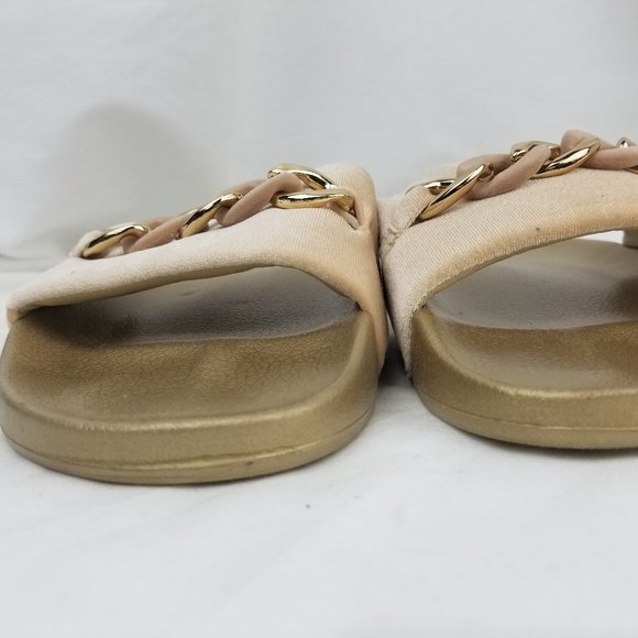 BEBE WOMEN SANDALS 9M GOLD BEIGE SLIDES - Picture 6 of 11